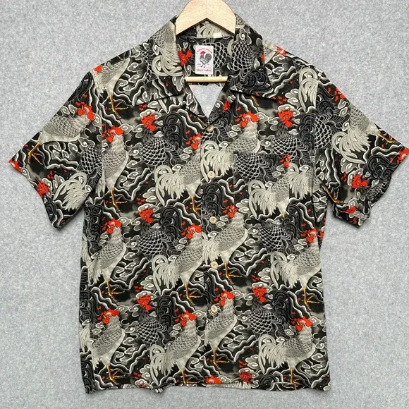 Labour Union Mens Rooster Cloud Print Shirt Black Grey Red Tencel Camp Collar M - Picture 2 of 9